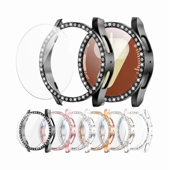 can 6+6 Pack Bling Case for Samsung Galaxy Watch 7 40mm Screen Protector, Sparkling Rhinestone Hard PC Case + HD Anti-Fog Tempered Glass Film, Waterproof Face Cover Set for Galaxy Watch 7 40mm