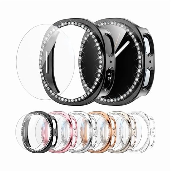 can 6+6 Pack Bling Case for Samsung Galaxy Watch 8 44mm Screen Protector, Sparkling Rhinestone Hard PC Case + HD Anti-Fog Tempered Glass Film, Waterproof Face Cover Set for Galaxy Watch 8 44mm
