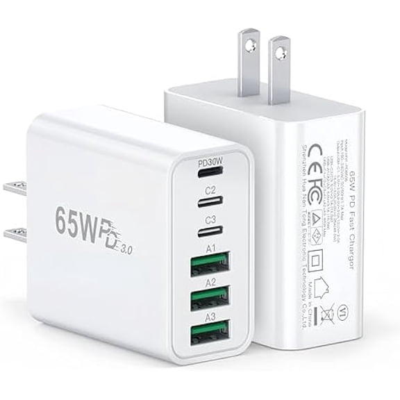 can 65W USB C Wall Charger Block, 2 Pack GaN 6-Port Charging Brick Fast Charger, 45W PD3.0 Power Adapter Plug Cube for iPhone 17/16/15/14 MacBook Air, iPad, Samsung for Home Travel