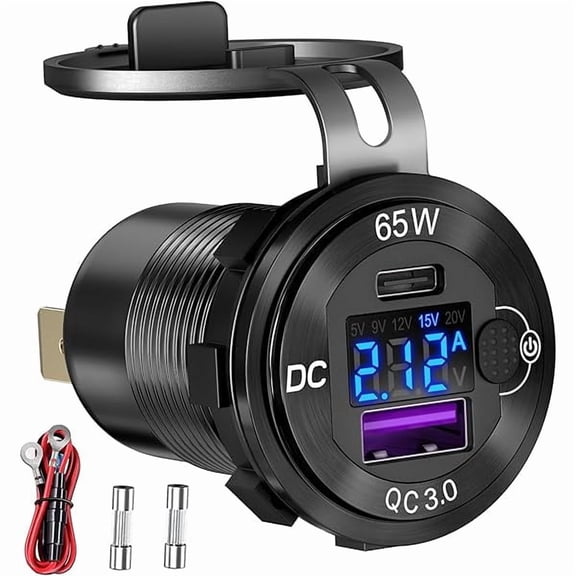 can 83W 12 Volt USB Outlet Built-in Boost USB C Laptop Car Charger: 65W PD3.0 and 18W QC3.0 Car USB Port Aluminum Socket with Button Switch Smart Voltmeter, Suitable for Car RV Marine Golf Cart