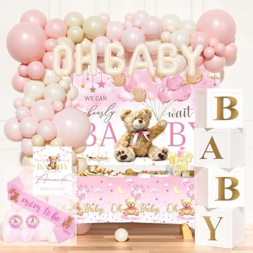 We can Bearly wait Baby Shower Decoration 116 PCs Baby Girls Teddy Bear Party Supplies with Teddy Bear Printed Backdrop, Balloon Garland, Tablecloth, Balloon Boxes, Sash, Badges