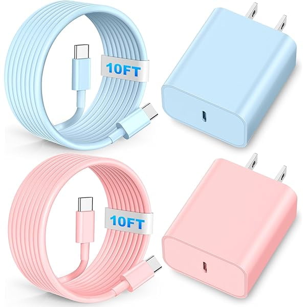 can Charger Fast Charging, 20W Type C Wall Charger Block with 10FT Long USB C Charging Cable Cord for Phone 15 16 17 Plus/Pro Max/Pro - Pink Blue