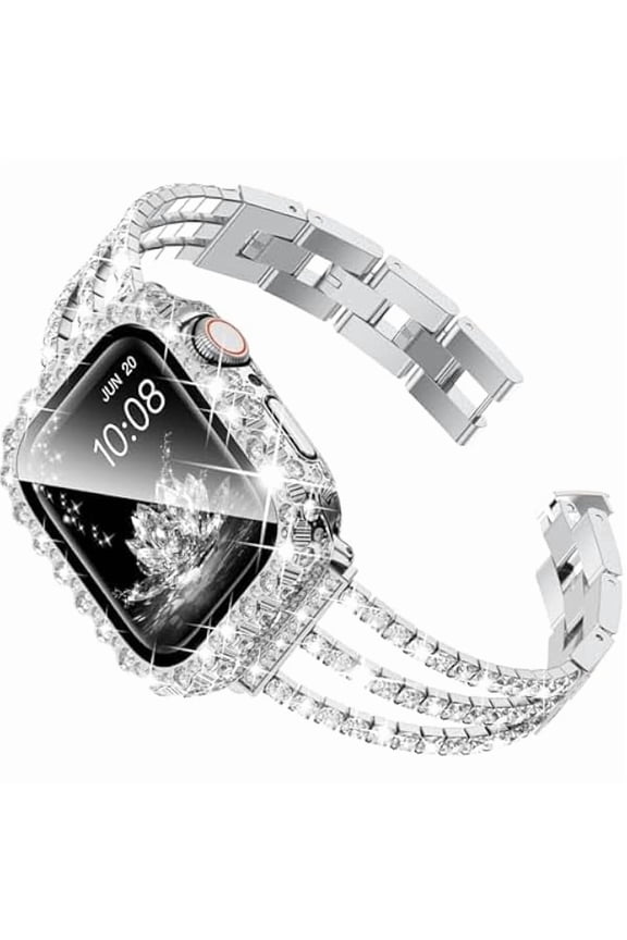 can Compatible with Apple Watch Bands 40mm for Women Series 6 5 4, Bling Diamond Rhinestone Link Bracelet with 2 in 1 Waterproof Bling Case Lace Edge Diamond Protective Bumper Face Cover, Silver
