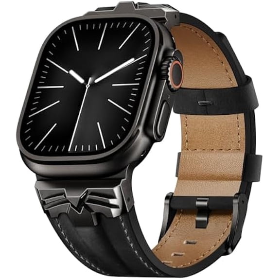 can Leather Band Compatible for Apple Watch Ultra 3/2 Band 49mm 46mm 45mm 44mm,Genuine Leather Matel Replacement Strap for iWatch Ultra 3 2 1 Series 11 10 9 8 7 6 5 4 SE 3 2 1Black/Black