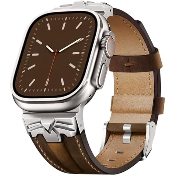 can Leather Band Compatible for Apple Watch Ultra 3/2 Band 49mm 46mm 45mm 44mm,Genuine Leather Matel Replacement Strap for iWatch Ultra 3 2 1 Series 11 10 9 8 7 6 5 4 SE 3 2 1Titanium/Walnut