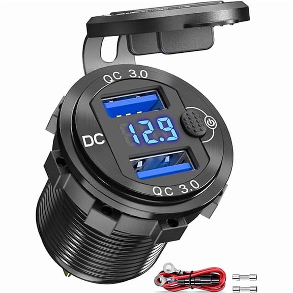 can [Metal Shell] 12V USB Outlet Dual QC 3.0: Aluminum Socket 12 Volt Motorcycle USB Outlet with LED Voltmeter Button Switch Waterproof 12 V Car Charger for Boat Marine Moto RV Golf Cart