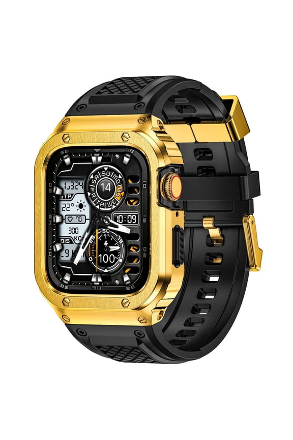 can Sport Smartwatch Cases with Band for Men, Rugged Shockproof Protective Metal Bumper Case,Compatible with Apple Watch 45mm 44mm Series 9/8/7/6/5/4/SE 3/2/1 Wristband (44/45mm,Black/Gold)