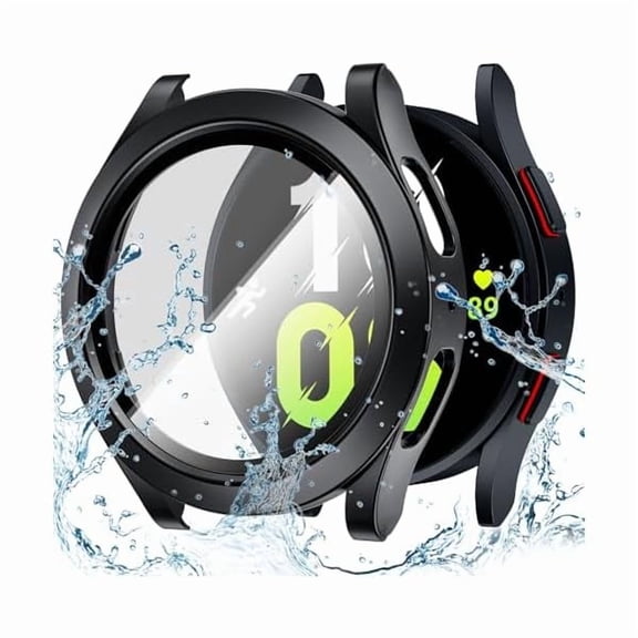 can Waterproof Case for Samsung Galaxy Watch 5 & 4 Screen Protector 44mm with Tempered Glass, 1-Pack Hard PC Cover Bumper for Galaxy Watch5/4 No Fog, Touch-Responsive, Black