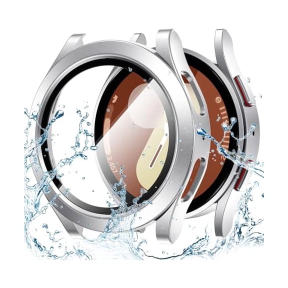 can Waterproof Case for Samsung Galaxy Watch 7 Screen Protector 44mm with Tempered Glass, 1-Pack Hard PC Cover Bumper for Galaxy Watch7 No Fog, Touch-Responsive, Silver