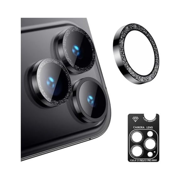 can for iPhone 17 Pro Max/iPhone 17 Pro Camera Lens Protector Bling, 9H Tempered Glass Anti Scratch Camera Screen Protector Shockproof Film Metal Ring Lens Protector, Glitter-Black