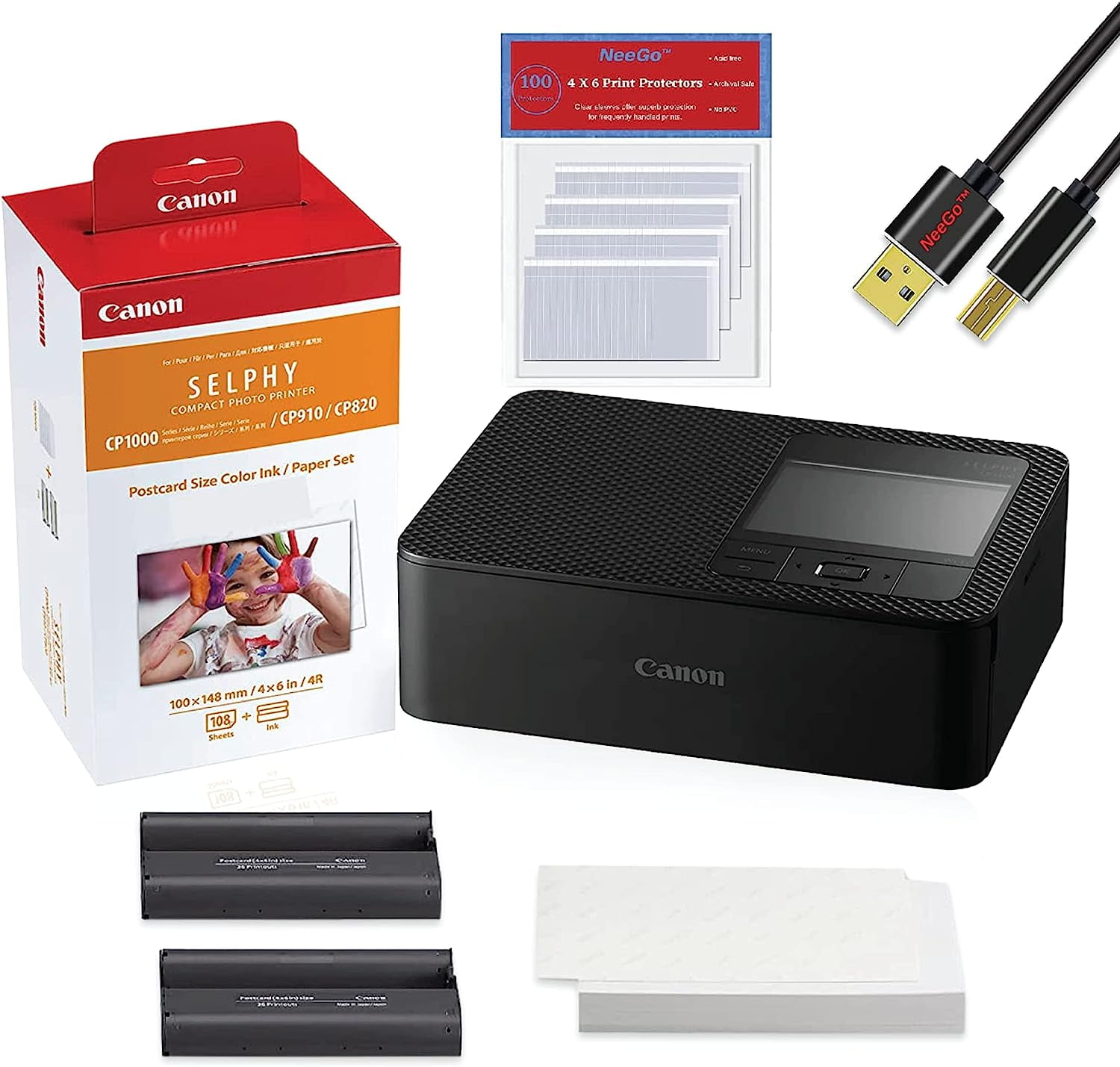 canon SELPHY Printer, Instant Photo Printer with 108 Color Ink Paper Set  Selphy CP1500 Wireless Portable Photo Phone Printer (Black) Printer Cable