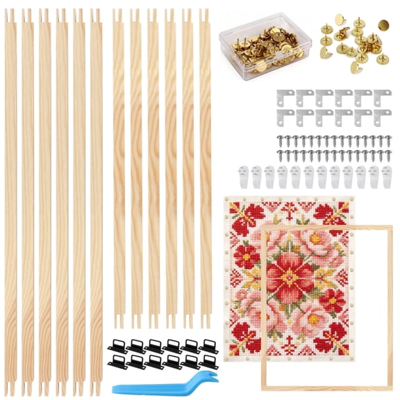 12 Pcs Wooden Canvas Frame Kit, Including 16 in & 20 in Stretcher Bars, 100 Thumb Tacks, Storage Box and Tacks Remover, Wooden Canvas Stretcher Bars for Embroidery Needlework