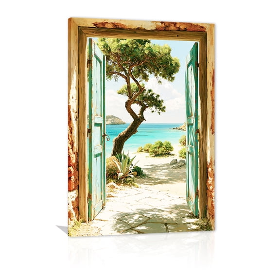 A canvas painting depicting a beach scene, with open doors reflecting the sun-drenched tropical ocean and pine trees; a decorative frame for coastal homes, including living rooms and bedrooms.