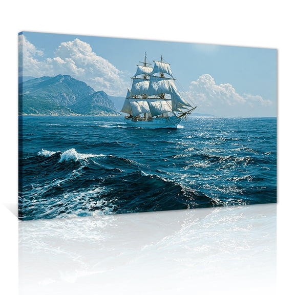 A canvas painting of sailboats on a blue ocean, featuring tall sailing ships, shimmering waves, and coastal mountains. Suitable for living room and bedroom wall decoration frames.