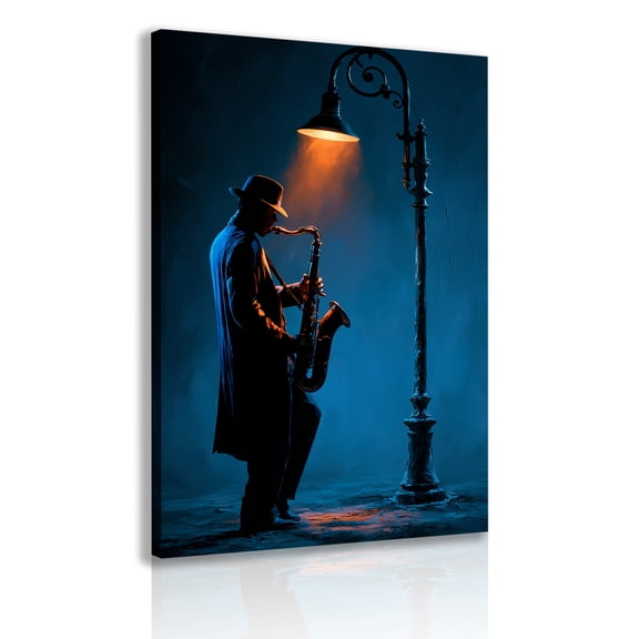 A canvas painting of a saxophonist under a streetlamp, an elegant wall art piece, a music and jazz gift, suitable for decorating a music room or home bar poster frame.