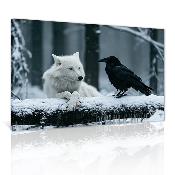 A canvas painting of a white wolf and a black raven in a snowy forest, depicting a winter wildlife scene in a natural style, suitable for living room or bedroom wall decoration (framed).