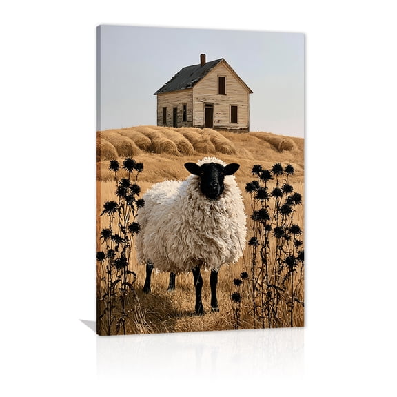A canvas print depicting rural sheep and farmhouses, full of pastoral charm, suitable for use as a framed wall decoration in a farmhouse living room or home.