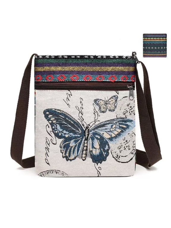 canvas shoulder bag for Women, Vintage Butterfly Pattern Small Shoulder Bag, Lightweight Ethnic Canvas Purse with Adjustable Strap for Travel Daily Use