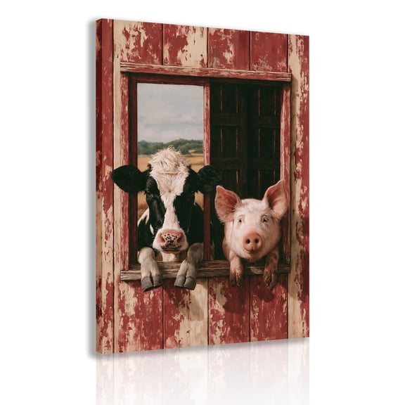 A canvas wall decoration frame for a barn with cows and piglets, featuring adorable cows and pink farm pigs peeking out of weathered red wooden barn windows; farm animal decorations.