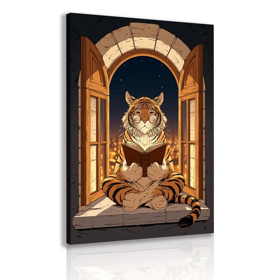 A canvas wall decoration frame featuring a tiger, sitting cross-legged on a stone arched windowsill, reading; whimsical wildlife prints; suitable for a study reading corner or library decoration.