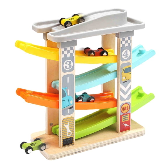 car race track for toddlers 1-3 car ramp toy wooden Montessori learning toy with garage 6 mini cars educational STEM toy for 2 year old boys girls birthday gift for toddlers 18+ months,multicolor