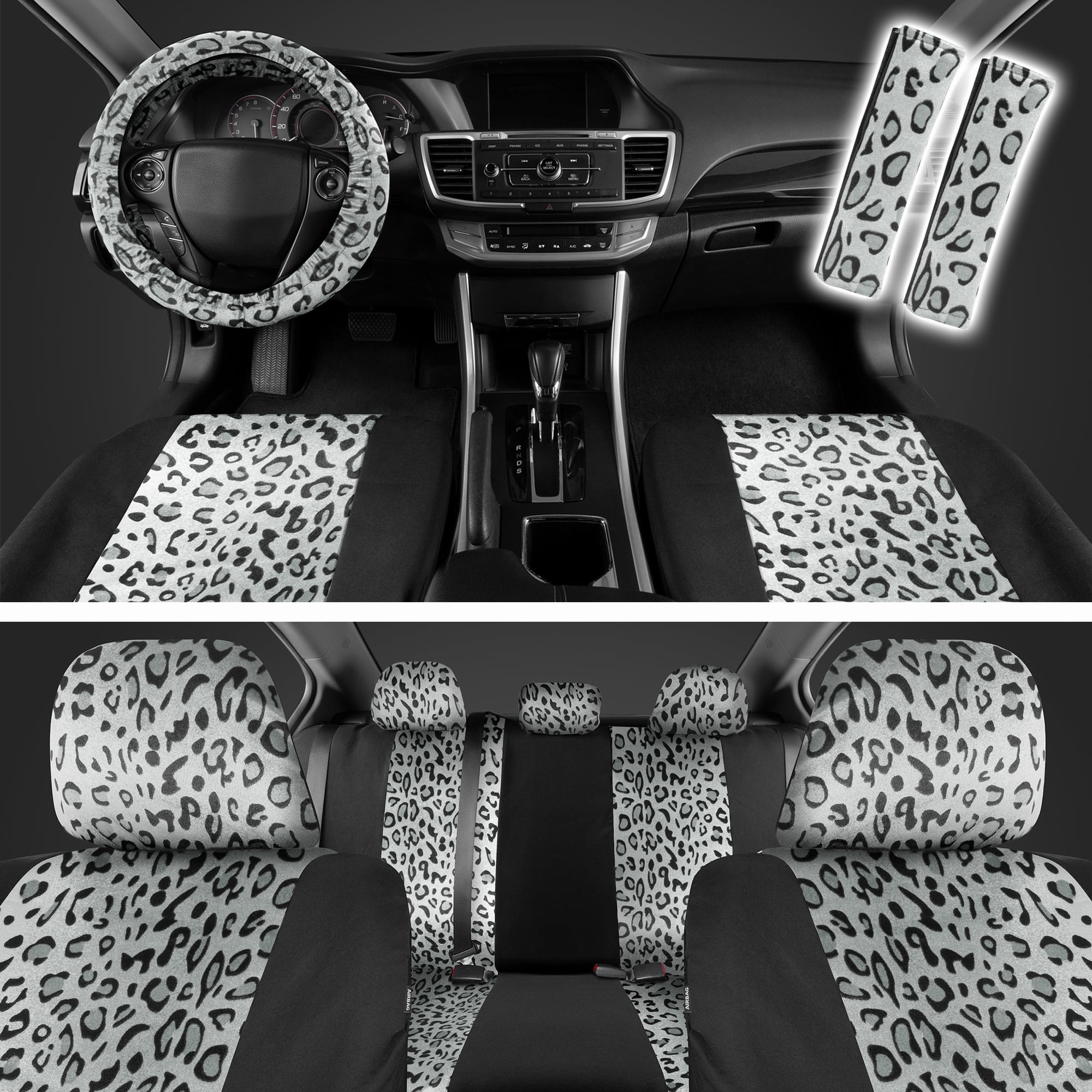 carXS Leopard Print Car Seat Covers Full Set Matching Seat Belt - Main Image