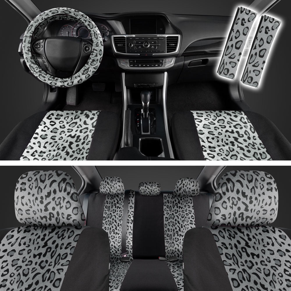 22 Pieces Leopard Car Accessories Set Grey Black Leopard Pattern Car Seat  Covers Steering Wheel Cover Car Center Console Pad Cup Coasters Seat Belt