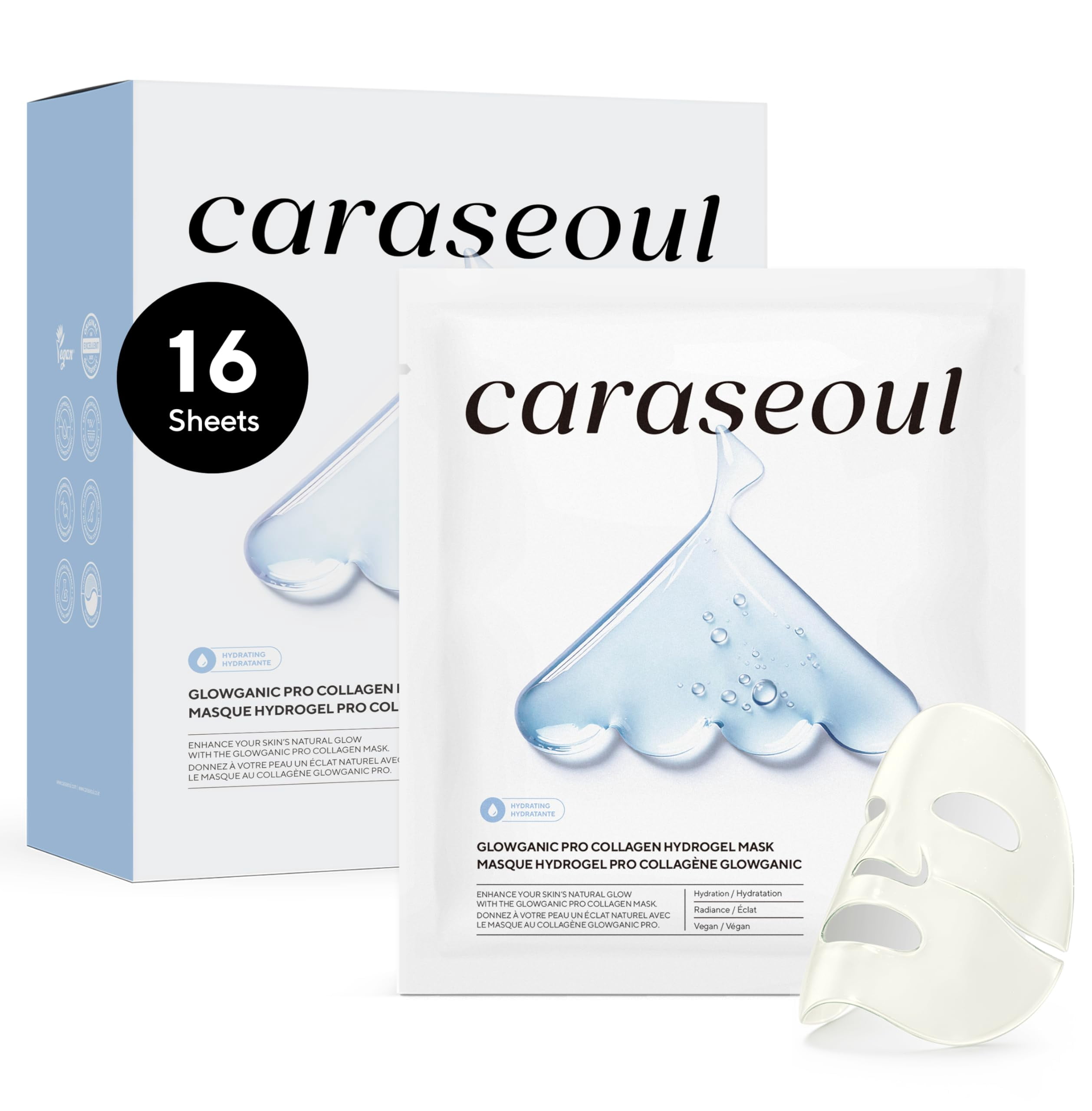caraseoul Glowganic Pro Collagen Hydrogel Mask with Niacinamide (Vitamin B3) & Adenosin, Radiance Boost, Pore Minimizing, Hydrating Overnight Face Mask, Vegan, Korean Skin Care [1.19oz (34g) x 16ea]