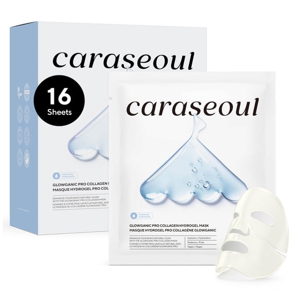 caraseoul Glowganic Pro Collagen Hydrogel Mask with Niacinamide (Vitamin B3) & Adenosin, Radiance Boost, Pore Minimizing, Hydrating Overnight Face Mask, Vegan, Korean Skin Care [1.19oz (34g) x 16ea]