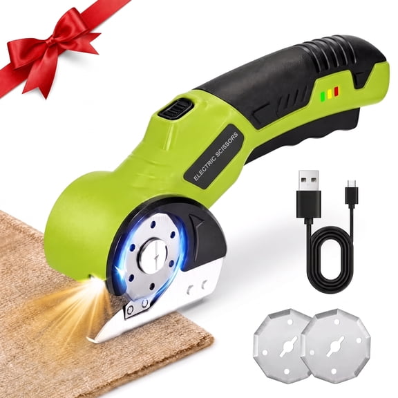 MQOALA 4V Rechargeable Rotary Cutter, 3000mAh Battery with LED Light & Safety Lock, 2 Blades, For Fabric, Carpet, Carton, Plastic & Leather,Green
