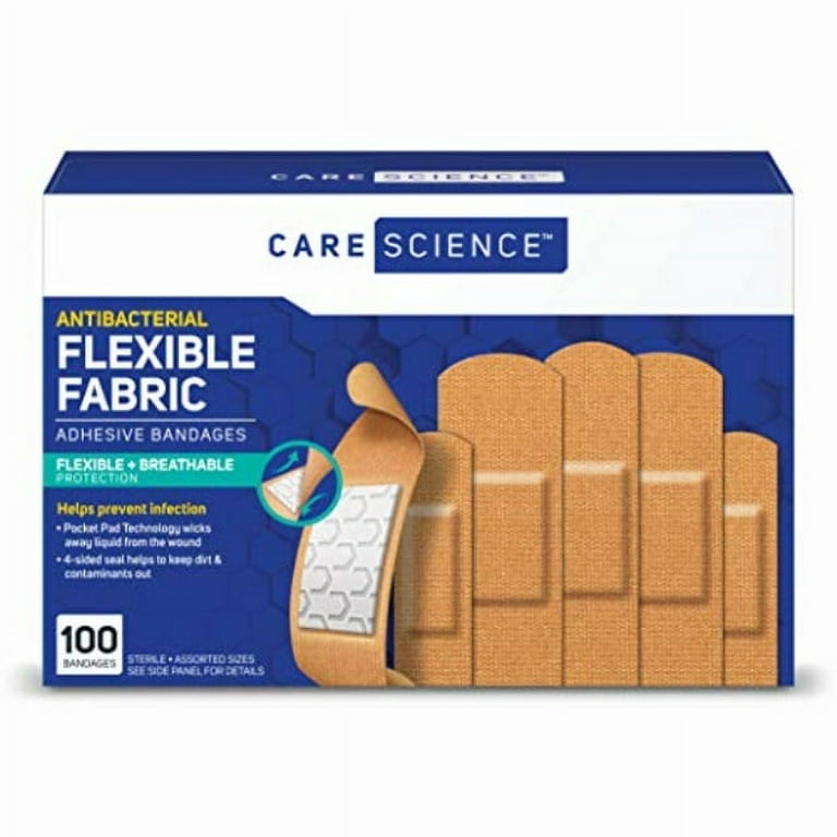 care science antibacterial fabric adhesive bandages, 100 ct assorted sizes  | flexible + breathable protection helps prevent infection for first aid
