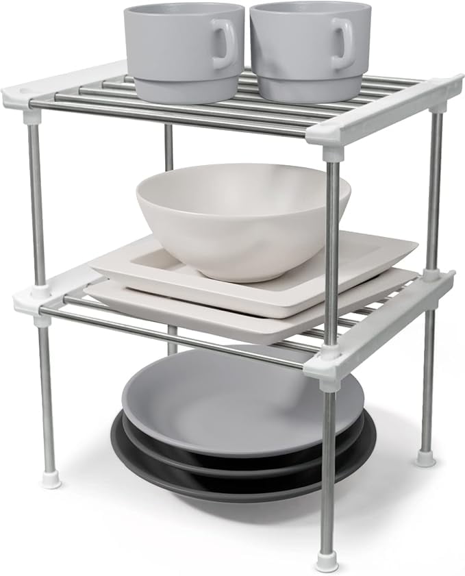 Stackable Stainless Steel and White Kitchen Organizer Shelves, Set of 2