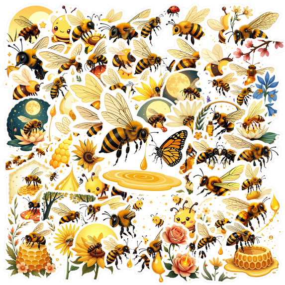 cartoon Bee Honey Theme Stickers, Waterproof Bee Honey Theme Sticker for Water Bottle Laptop Phone Cases Planner Skateboard Luggage Helmet Party Favor Decor, Ideal for Adults Teens Teacher Rewards