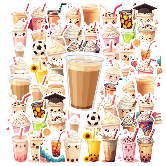 cartoon Bubble Tea Stickers, Waterproof Bubble Tea Sticker for Water Bottle Laptop Phone Cases Planner Skateboard Luggage Helmet Party Favor Decor, Ideal for Adults Teens Teacher Rewards