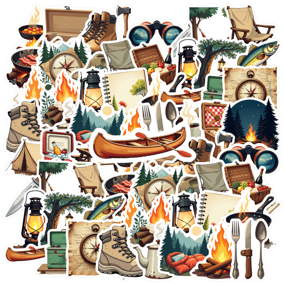 cartoon Camping Theme Stickers, Waterproof Camping Theme Sticker for Water Bottle Laptop Phone Cases Planner Skateboard Luggage Helmet Party Favor Decor, Ideal for Adults Teens Teacher Rewards
