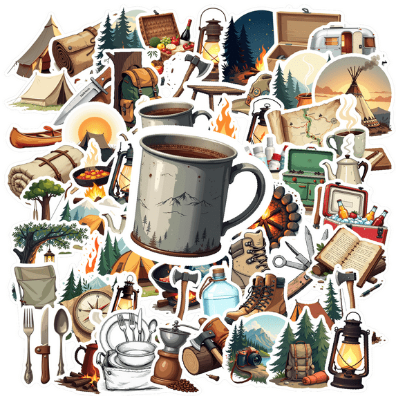 cartoon Camping Theme Stickers, Waterproof Camping Theme Sticker for Water Bottle Laptop Phone Cases Planner Skateboard Luggage Helmet Party Favor Decor, Ideal for Adults Teens Teacher Rewards