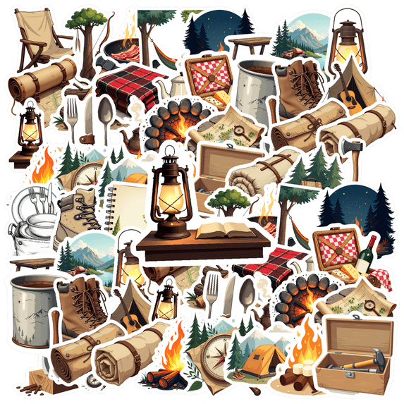 cartoon Camping Theme Stickers, Waterproof Camping Theme Sticker for Water Bottle Laptop Phone Cases Planner Skateboard Luggage Helmet Party Favor Decor, Ideal for Adults Teens Teacher Rewards