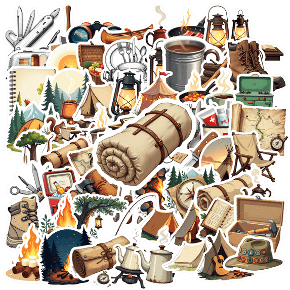 cartoon Camping Theme Stickers, Waterproof Camping Theme Sticker for Water Bottle Laptop Phone Cases Planner Skateboard Luggage Helmet Party Favor Decor, Ideal for Adults Teens Teacher Rewards