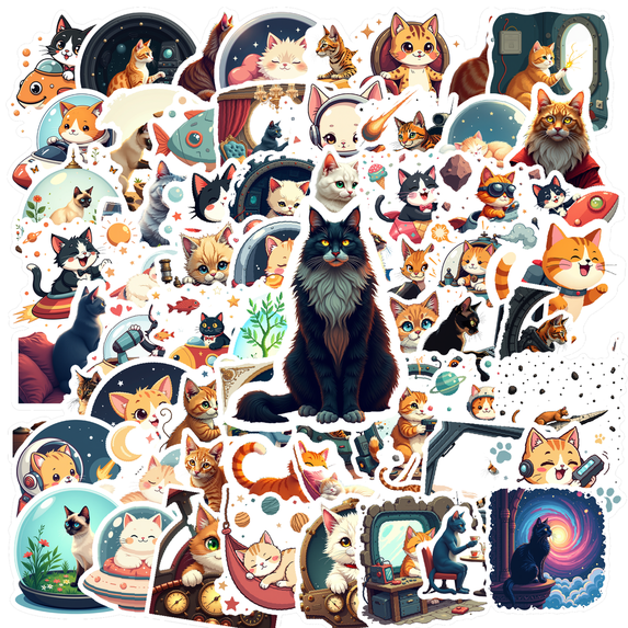 cartoon Cat Space Theme Stickers, Waterproof Cat Space Theme Sticker for Water Bottle Laptop Phone Cases Planner Skateboard Luggage Helmet Party Favor Decor, Ideal for Adults Teens Teacher Rewards