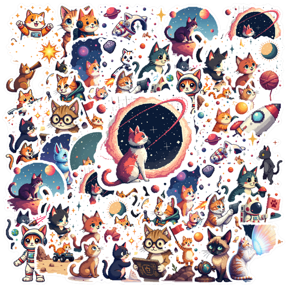 cartoon Cat Space Theme Stickers, Waterproof Cat Space Theme Sticker for Water Bottle Laptop Phone Cases Planner Skateboard Luggage Helmet Party Favor Decor, Ideal for Adults Teens Teacher Rewards