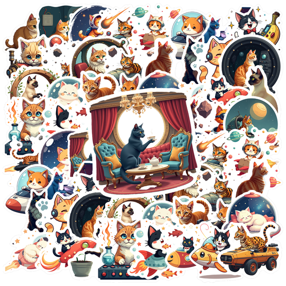 cartoon Cat Space Theme Stickers, Waterproof Cat Space Theme Sticker for Water Bottle Laptop Phone Cases Planner Skateboard Luggage Helmet Party Favor Decor, Ideal for Adults Teens Teacher Rewards
