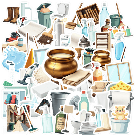 cartoon Cleaning Supplies Stickers, Waterproof Cleaning Supplies Sticker for Water Bottle Laptop Phone Cases Planner Skateboard Luggage Helmet Party Favor Decor, Ideal for Adults Teens Teacher Rewards