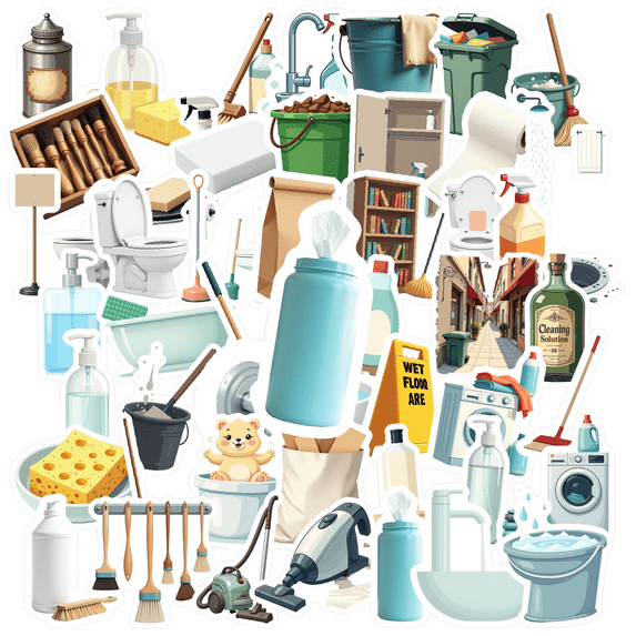 cartoon Cleaning Supplies Stickers, Waterproof Cleaning Supplies Sticker for Water Bottle Laptop Phone Cases Planner Skateboard Luggage Helmet Party Favor Decor, Ideal for Adults Teens Teacher Rewards