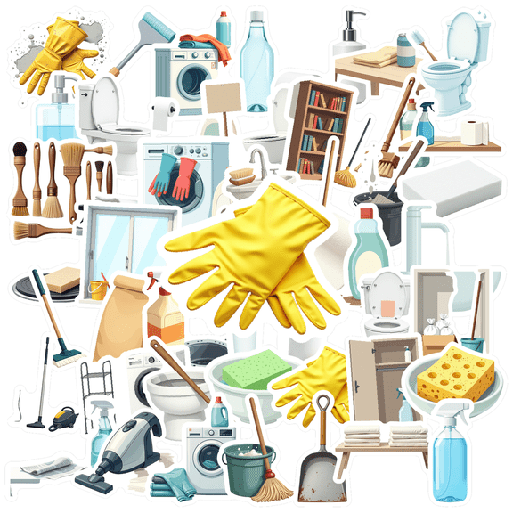 cartoon Cleaning Supplies Stickers, Waterproof Cleaning Supplies Sticker for Water Bottle Laptop Phone Cases Planner Skateboard Luggage Helmet Party Favor Decor, Ideal for Adults Teens Teacher Rewards