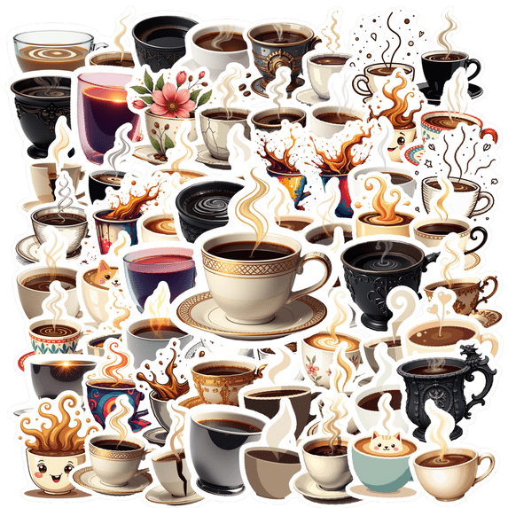 cartoon Coffee Stickers, Waterproof Coffee Sticker for Water Bottle Laptop Phone Cases Planner Skateboard Luggage Helmet Party Favor Decor, Ideal for Adults Teens Teacher Rewards