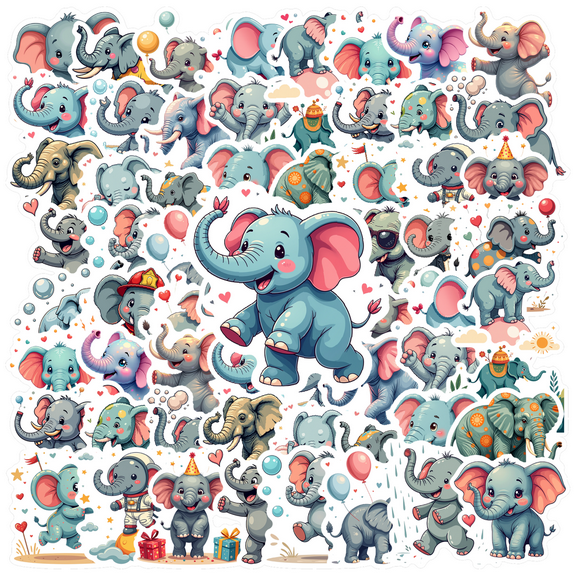 cartoon Elephant Theme Stickers, Waterproof Elephant Theme Sticker for Water Bottle Laptop Phone Cases Planner Skateboard Luggage Helmet Party Favor Decor, Ideal for Adults Teens Teacher Rewards