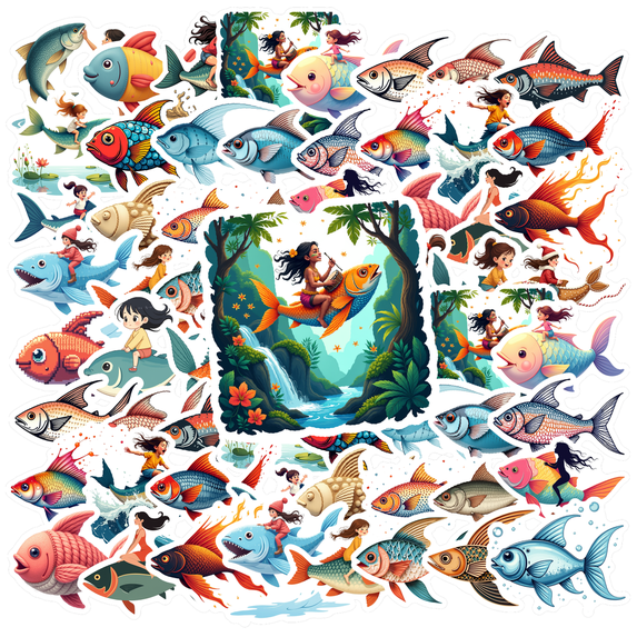 cartoon Fish Theme Stickers, Waterproof Fish Theme Sticker for Water Bottle Laptop Phone Cases Planner Skateboard Luggage Helmet Party Favor Decor, Ideal for Adults Teens Teacher Rewards
