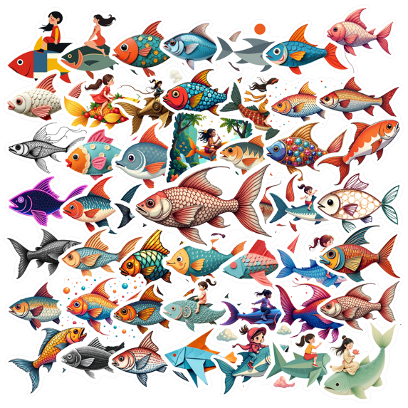 cartoon Fish Theme Stickers, Waterproof Fish Theme Sticker for Water Bottle Laptop Phone Cases Planner Skateboard Luggage Helmet Party Favor Decor, Ideal for Adults Teens Teacher Rewards