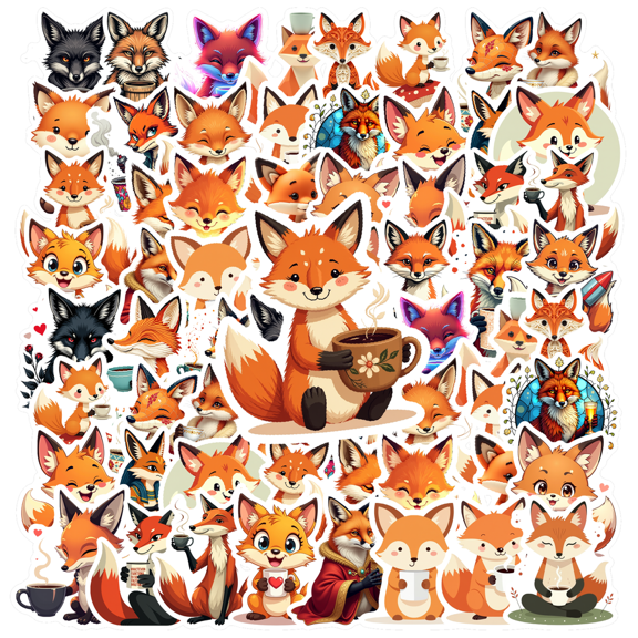 cartoon Fox Coffee Theme Stickers, Waterproof Fox Coffee Theme Sticker for Water Bottle Laptop Phone Cases Planner Skateboard Luggage Helmet Party Favor Decor, Ideal for Adults Teens Teacher Rewards
