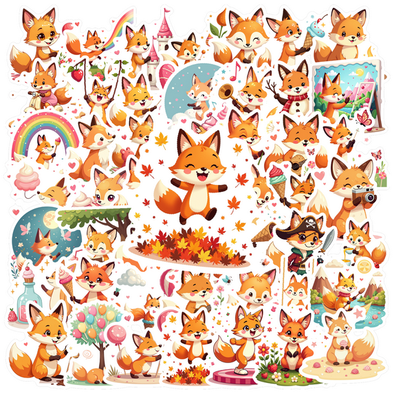 cartoon Fox Theme Stickers, Waterproof Fox Theme Sticker for Water Bottle Laptop Phone Cases Planner Skateboard Luggage Helmet Party Favor Decor, Ideal for Adults Teens Teacher Rewards